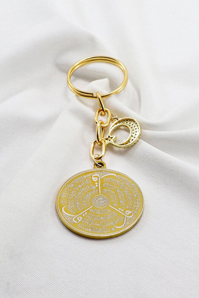 Gold Renkli Ay Yıldızlı Çelik Çift Taraflı Ayetel Kürsi Allah Lafzı Felak Nas Ihlas Anahtarlık