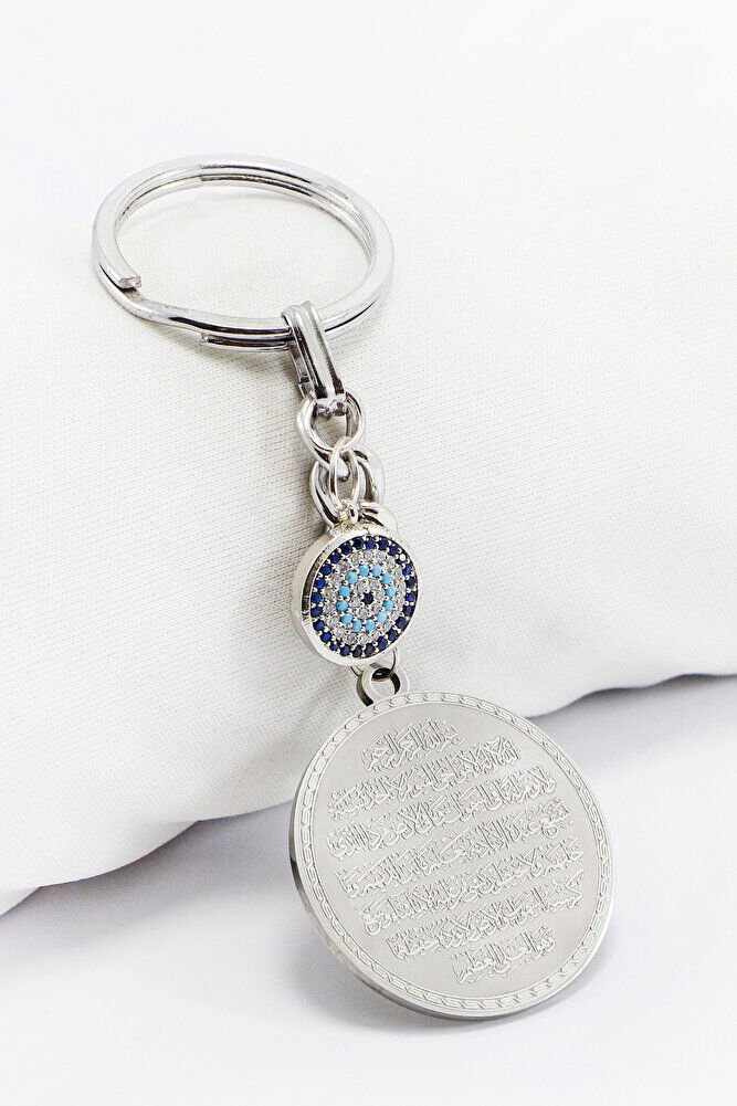 Silver Color Zircon Evil Eye Steel Double Sided Ayetel Kursi Felak Nas Ihlas Keychain