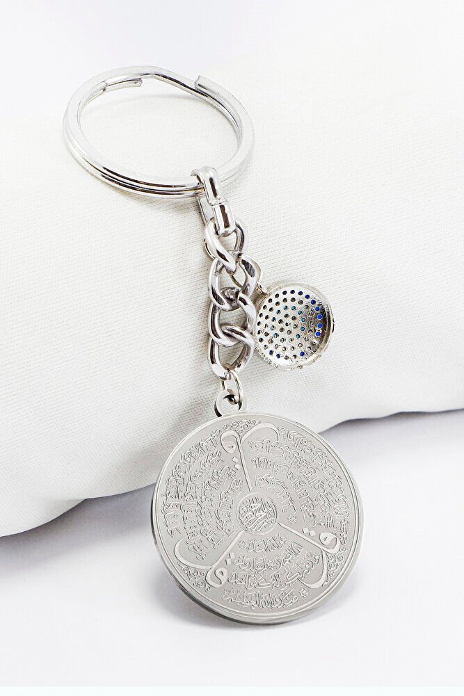 Silver Color Zircon Evil Eye Steel Double Sided Ayetel Kursi Felak Nas Ihlas Keychain