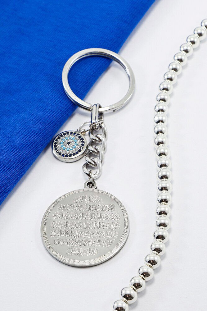 Silver Color Zircon Evil Eye Steel Double Sided Ayetel Kursi Felak Nas Ihlas Keychain