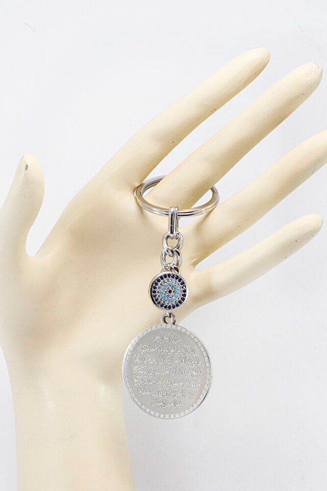 Silver Color Zircon Evil Eye Steel Double Sided Ayetel Kursi Felak Nas Ihlas Keychain