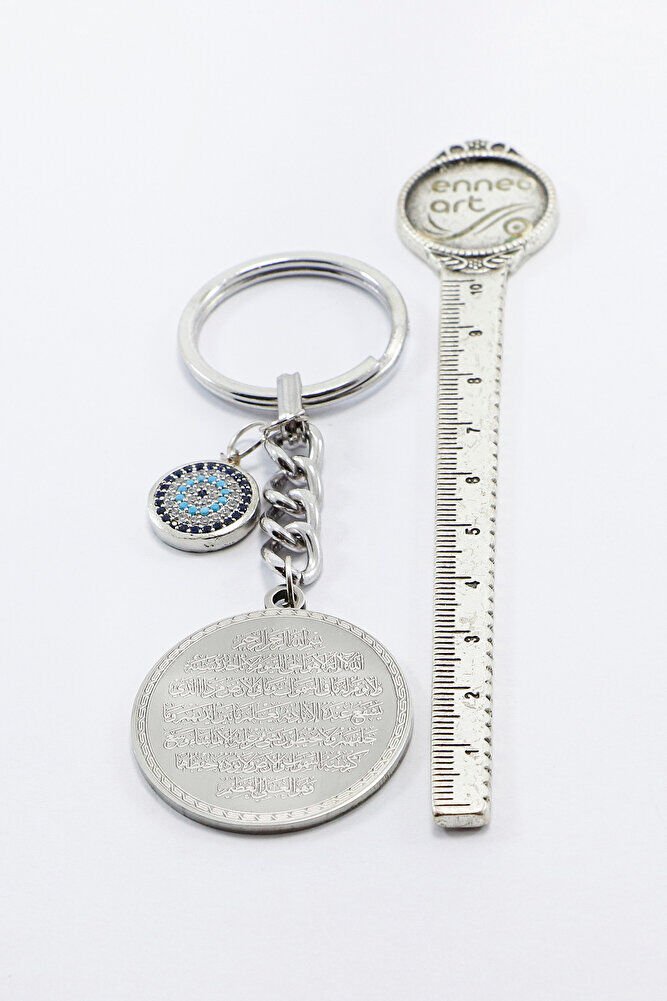 Silver Color Zircon Evil Eye Steel Double Sided Ayetel Kursi Felak Nas Ihlas Keychain