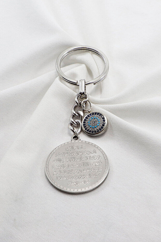 Silver Color Zircon Evil Eye Steel Double Sided Ayetel Kursi Felak Nas Ihlas Keychain