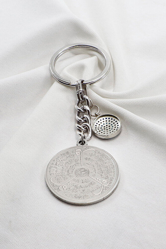 Silver Color Zircon Evil Eye Steel Double Sided Ayetel Kursi Felak Nas Ihlas Keychain