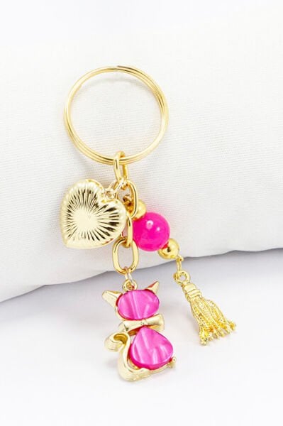 Candy Pink Domed Heart Pendant Cute Kitten Keychain, Gift Keychain