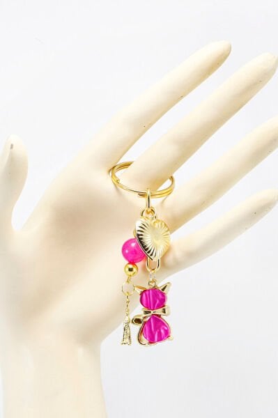 Candy Pink Domed Heart Pendant Cute Kitten Keychain, Gift Keychain