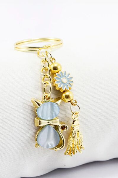 Handmade Daisy Cluster Blue Pearl Cute Kitty Keychain, Gift Keychain