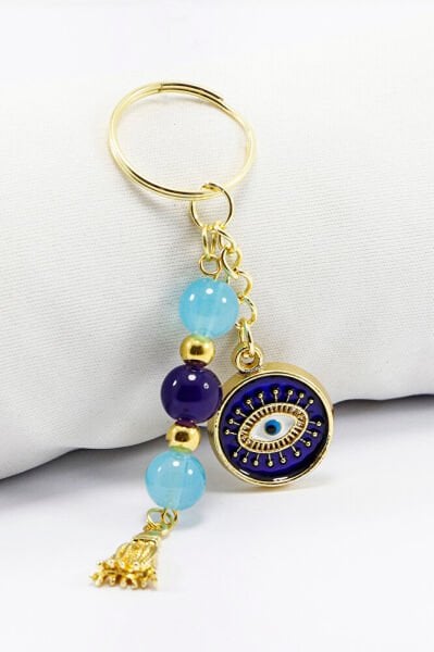Turquoise Beaded Necklace, Navy Blue Eye Figured Keychain, Evil Eye Keychain for Gift