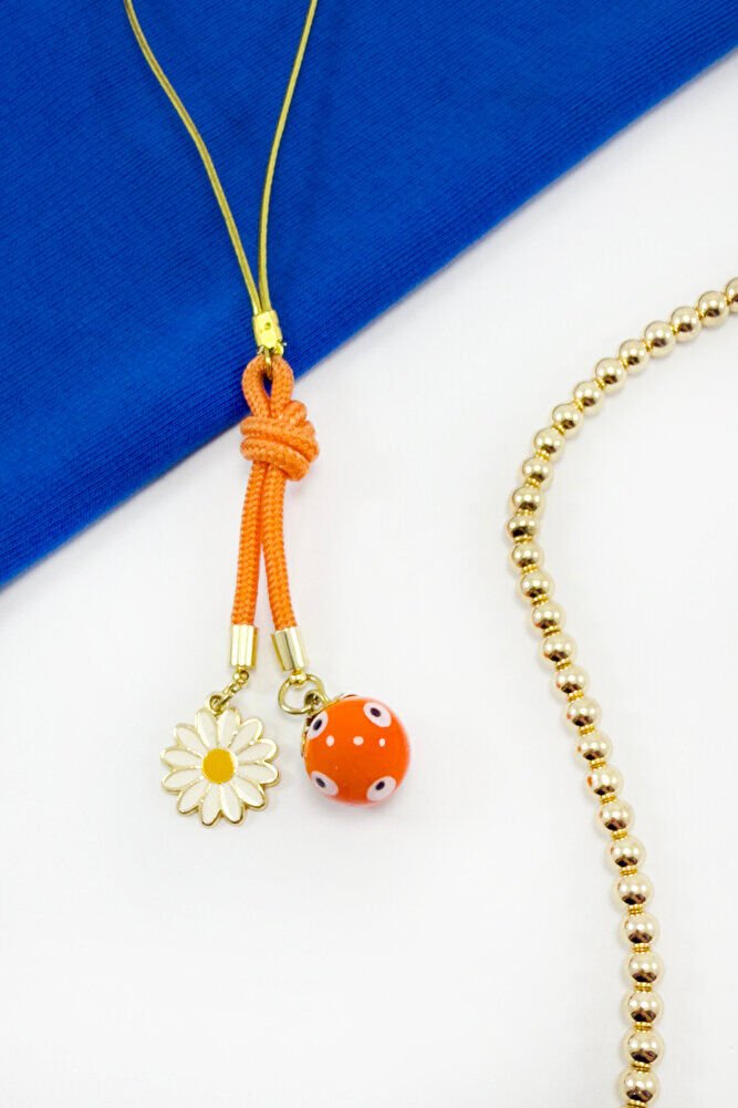 Turuncu Renkli Cam Nazar Boncuklu Papatyalı Araba Dikiz Ayna Süsü, Yeni Araba Hediyesi