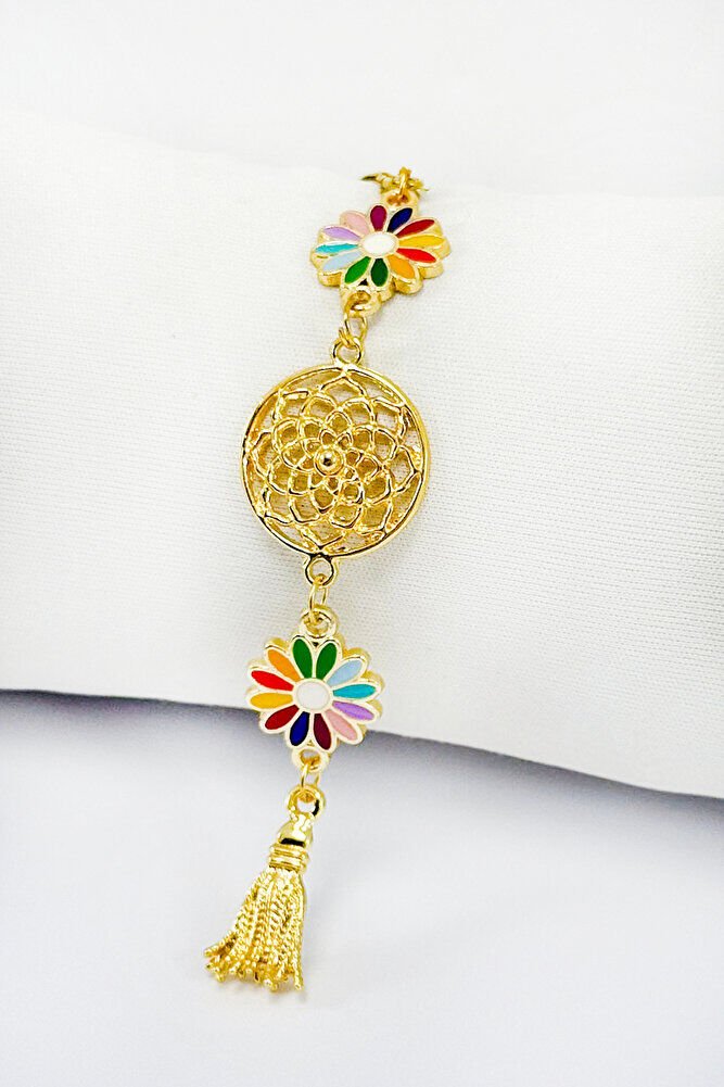 Renkli Papatyalı Salkım Lotus Çiçekli Araba Dikiz Ayna Süsü, Gold Renkli Hediyelik Süsü