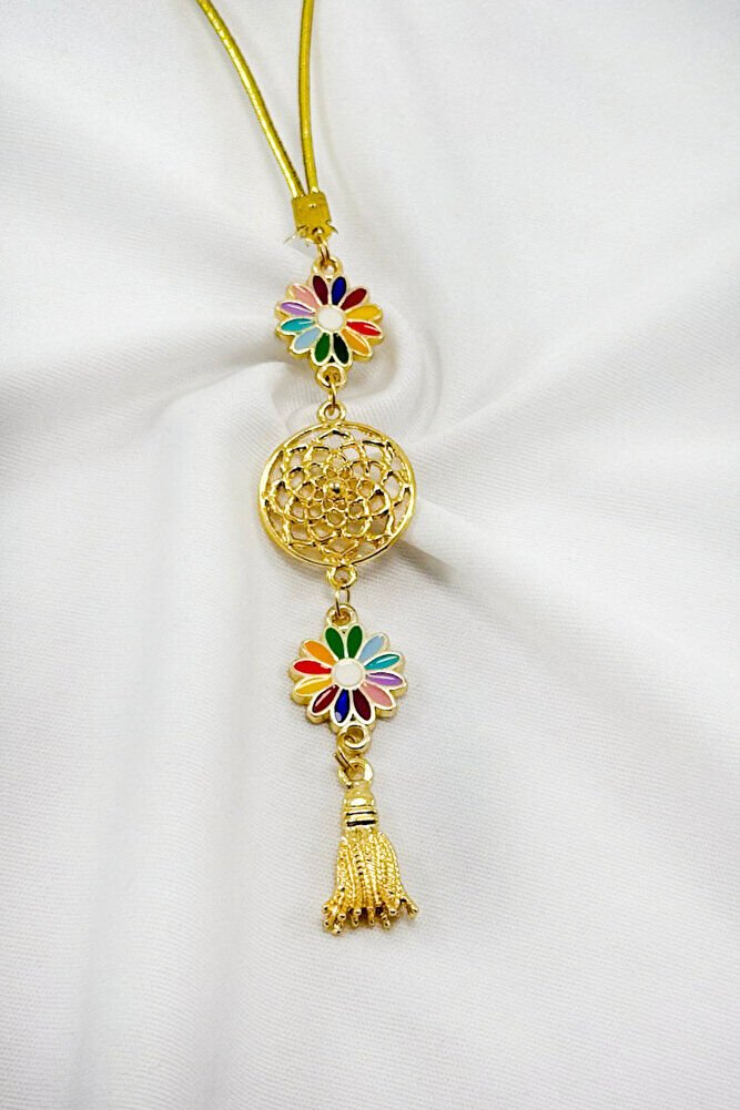 Renkli Papatyalı Salkım Lotus Çiçekli Araba Dikiz Ayna Süsü, Gold Renkli Hediyelik Süsü