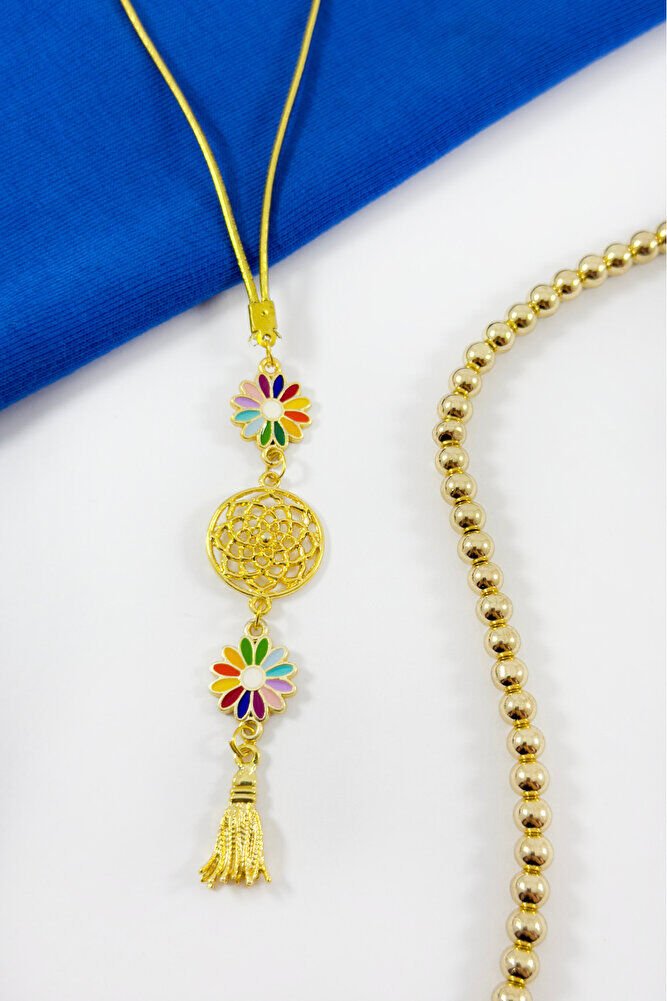 Renkli Papatyalı Salkım Lotus Çiçekli Araba Dikiz Ayna Süsü, Gold Renkli Hediyelik Süsü