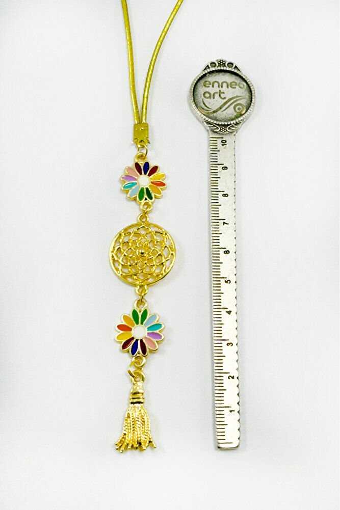 Renkli Papatyalı Salkım Lotus Çiçekli Araba Dikiz Ayna Süsü, Gold Renkli Hediyelik Süsü