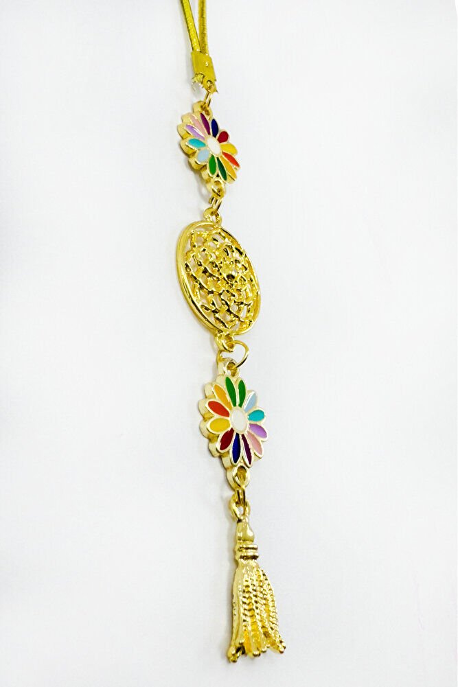 Renkli Papatyalı Salkım Lotus Çiçekli Araba Dikiz Ayna Süsü, Gold Renkli Hediyelik Süsü