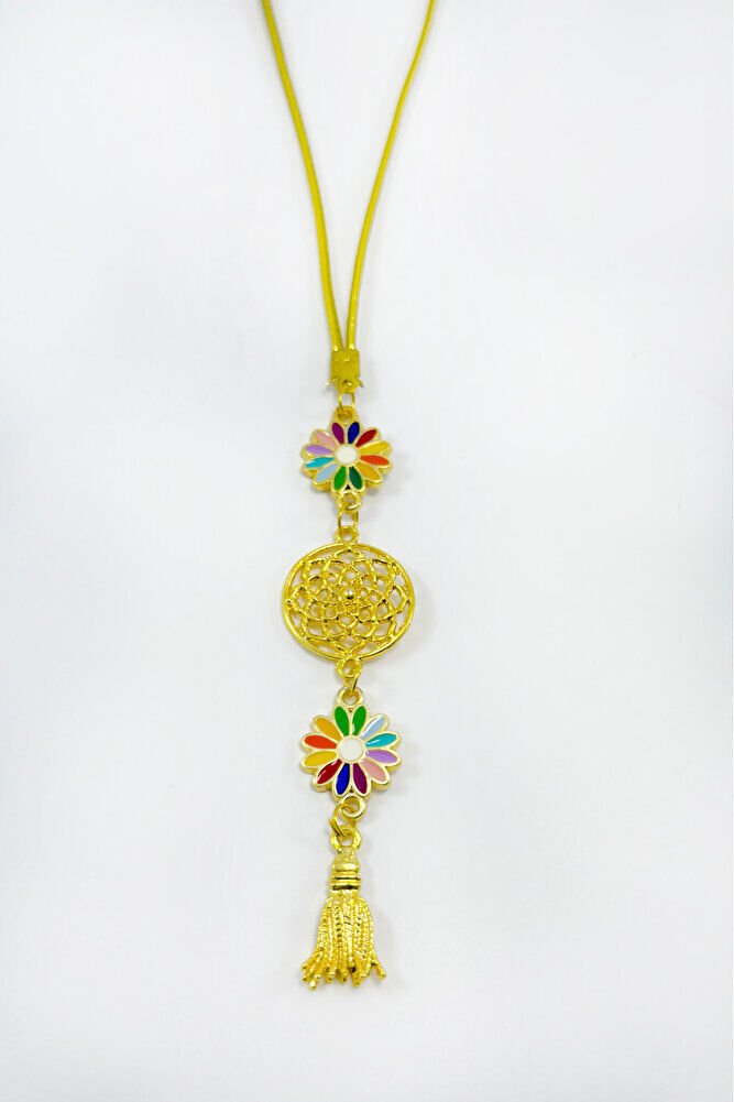 Renkli Papatyalı Salkım Lotus Çiçekli Araba Dikiz Ayna Süsü, Gold Renkli Hediyelik Süsü