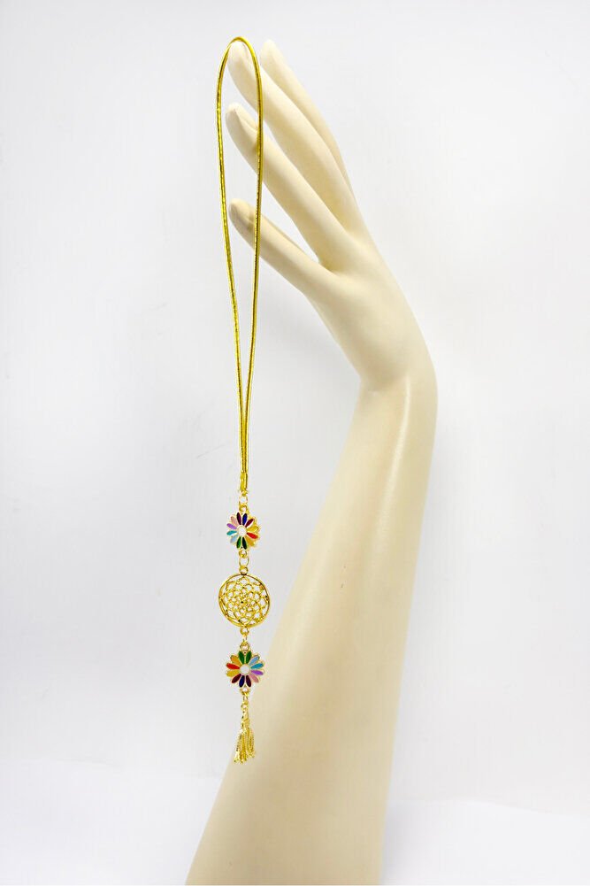 Renkli Papatyalı Salkım Lotus Çiçekli Araba Dikiz Ayna Süsü, Gold Renkli Hediyelik Süsü