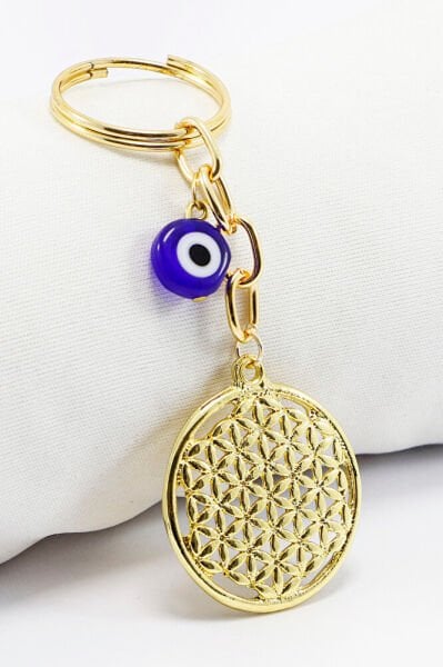 Flower of Life Keychain with Flat Evil Eye Bead in Gold Color, Gift Keychain