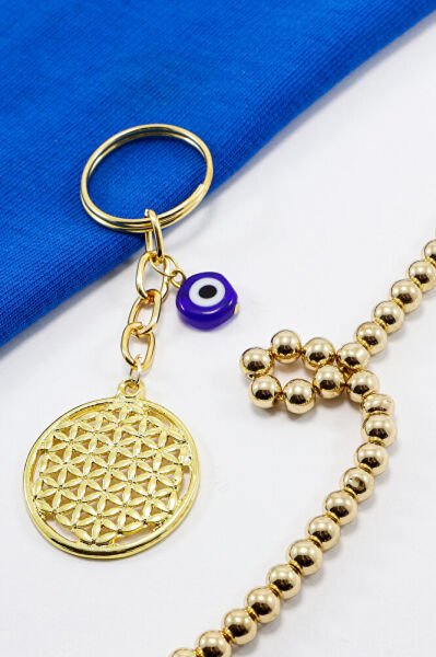 Flower of Life Keychain with Flat Evil Eye Bead in Gold Color, Gift Keychain