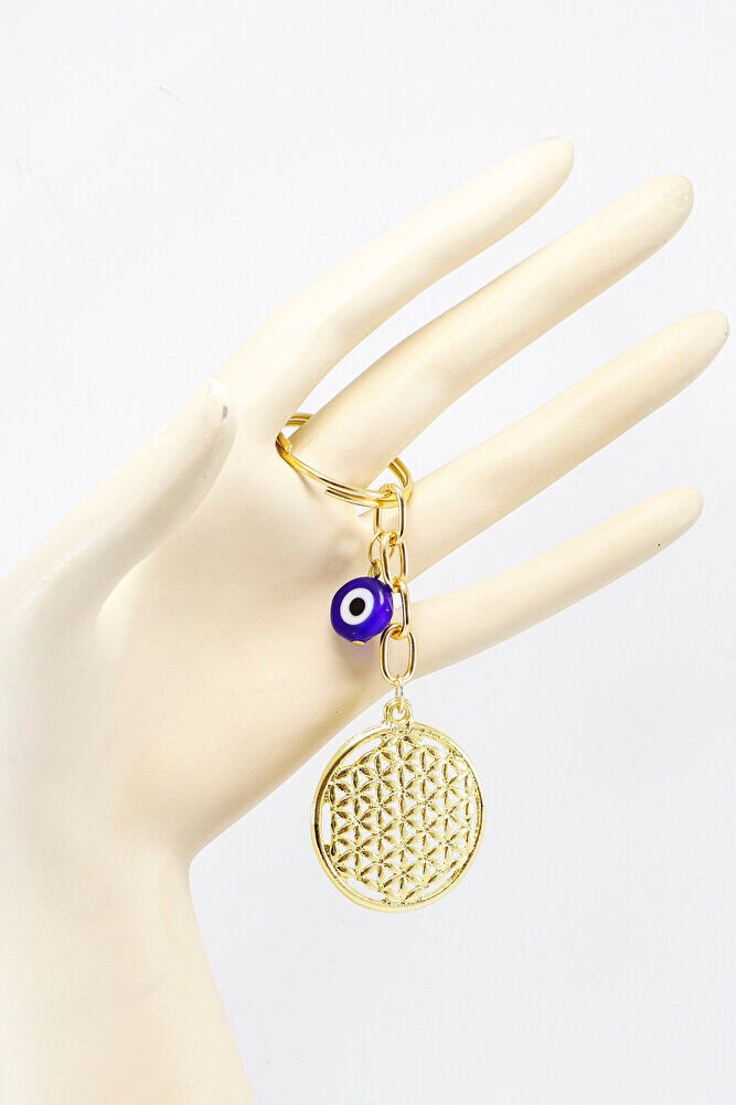Flower of Life Keychain with Flat Evil Eye Bead in Gold Color, Gift Keychain
