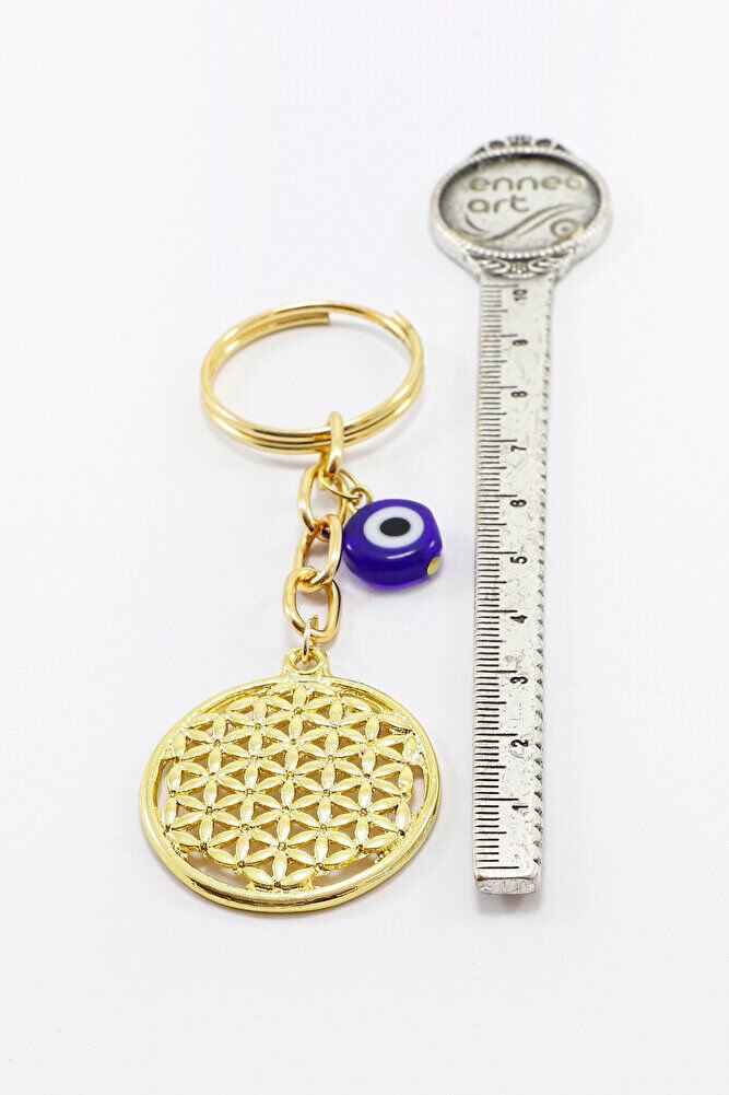 Flower of Life Keychain with Flat Evil Eye Bead in Gold Color, Gift Keychain