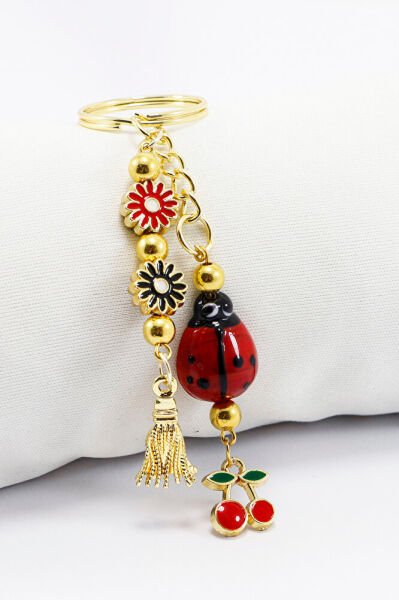Handmade Glass Ladybug and Cluster Flower Keychain, Cherry Keychain for Gift
