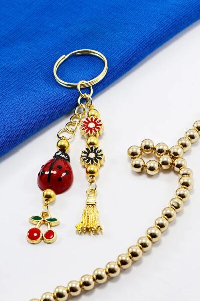 Handmade Glass Ladybug and Cluster Flower Keychain, Cherry Keychain for Gift