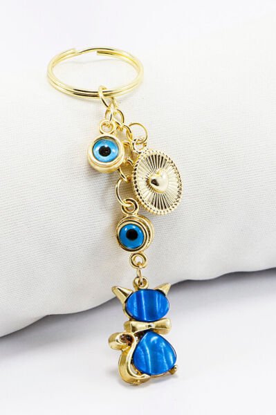 Framed Evil Eye Beaded Pendant Navy Blue Pearl Cat Keychain, Gift Keychain