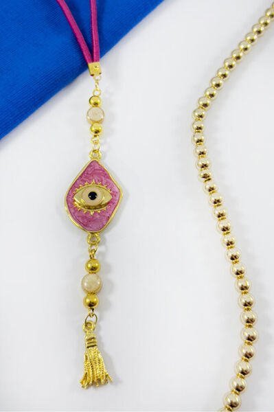 Pink Beaded Eye Figured Car Rearview Mirror Ornament, New Car Gift