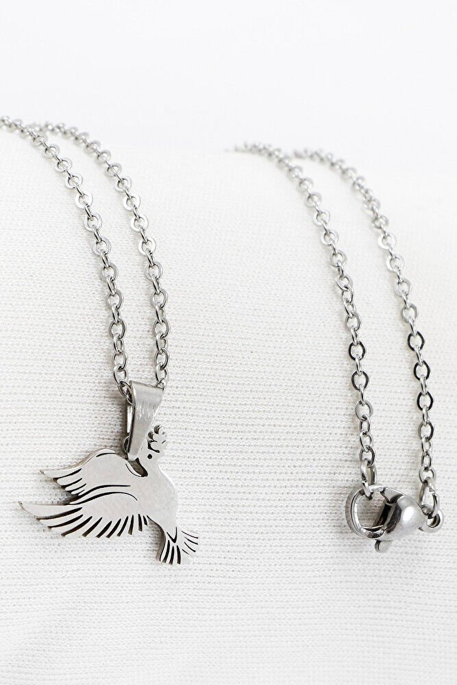 Paslanmaz Çelik Gümüş Renkli Barışın Sembolü Dal Tutan Kuş Figürlü Çelik Kolye (60 cm)