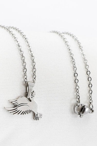 Paslanmaz Çelik Gümüş Renkli Barışın Sembolü Dal Tutan Kuş Figürlü Çelik Kolye (60 cm)