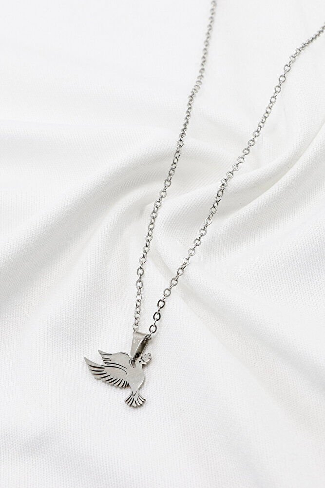 Paslanmaz Çelik Gümüş Renkli Barışın Sembolü Dal Tutan Kuş Figürlü Çelik Kolye (60 cm)