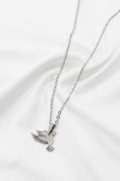 Paslanmaz Çelik Gümüş Renkli Barışın Sembolü Dal Tutan Kuş Figürlü Çelik Kolye (60 cm)