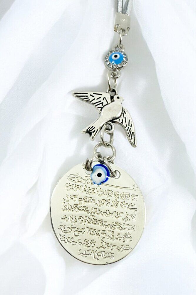 Küçük Gümüş Renkli Metal Ayetel Kürsi Araba Dikiz Ayna Süsü Parlak Nazar Ve Uçan Kuş Boncuklu