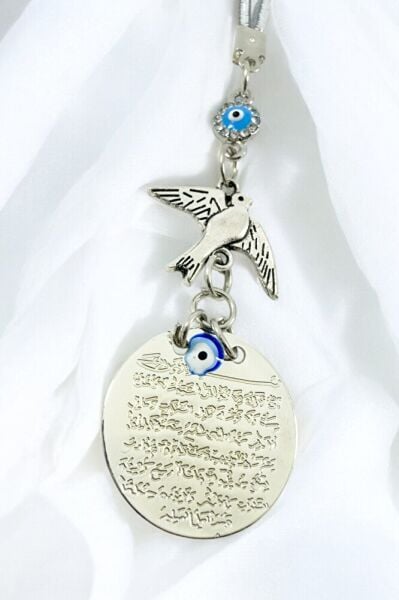 Küçük Gümüş Renkli Metal Ayetel Kürsi Araba Dikiz Ayna Süsü Parlak Nazar Ve Uçan Kuş Boncuklu