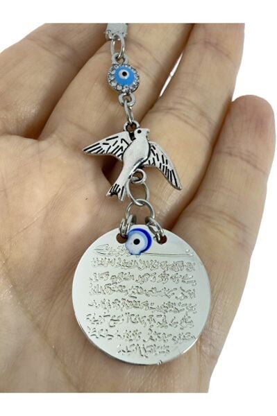 Küçük Gümüş Renkli Metal Ayetel Kürsi Araba Dikiz Ayna Süsü Parlak Nazar Ve Uçan Kuş Boncuklu