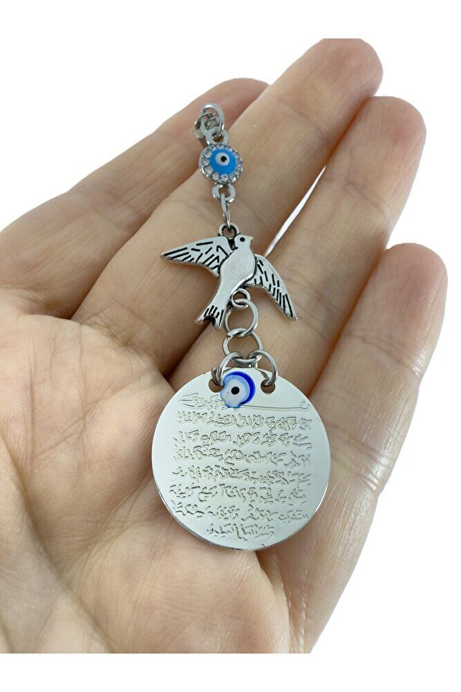 Küçük Gümüş Renkli Metal Ayetel Kürsi Araba Dikiz Ayna Süsü Parlak Nazar Ve Uçan Kuş Boncuklu