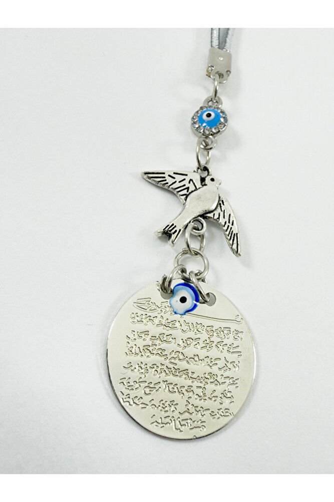 Küçük Gümüş Renkli Metal Ayetel Kürsi Araba Dikiz Ayna Süsü Parlak Nazar Ve Uçan Kuş Boncuklu