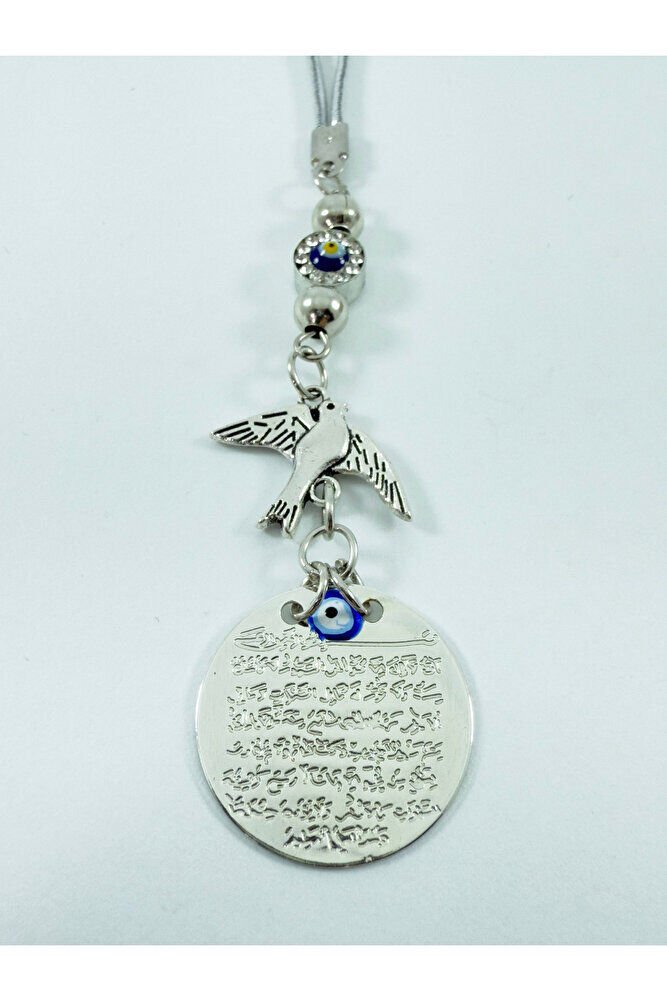 Küçük Gümüş Renkli Metal Ayetel Kürsi Araba Dikiz Ayna Süsü Parlak Nazar Ve Uçan Kuş Boncuklu