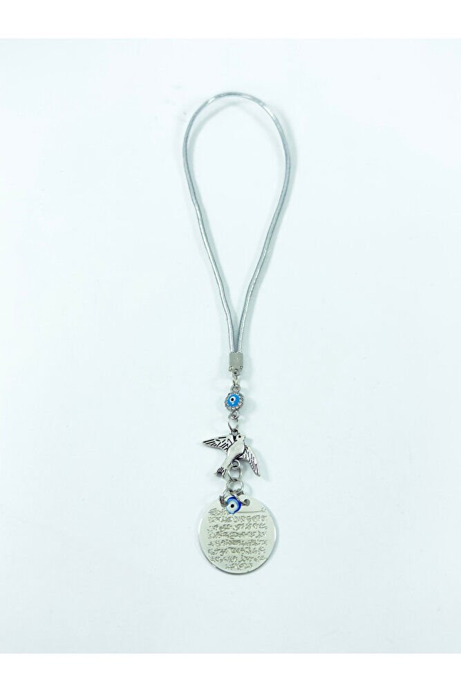 Küçük Gümüş Renkli Metal Ayetel Kürsi Araba Dikiz Ayna Süsü Parlak Nazar Ve Uçan Kuş Boncuklu