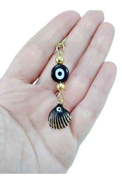 Deniz Kabuklu Siyah Nazar Boncuğu Araba Dikiz Ayna Süsü El Yapımı Lüks Aksesuar