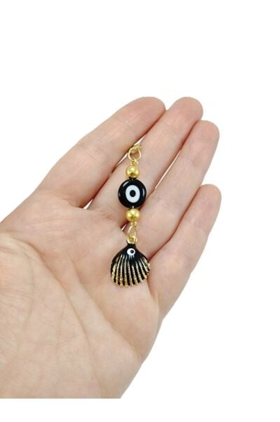 Deniz Kabuklu Siyah Nazar Boncuğu Araba Dikiz Ayna Süsü El Yapımı Lüks Aksesuar