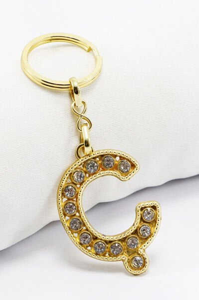 Gold Color Shiny Stone Letter C Keychain, Gift Letter Keychain