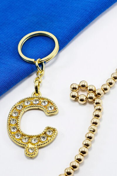 Gold Color Shiny Stone Letter C Keychain, Gift Letter Keychain