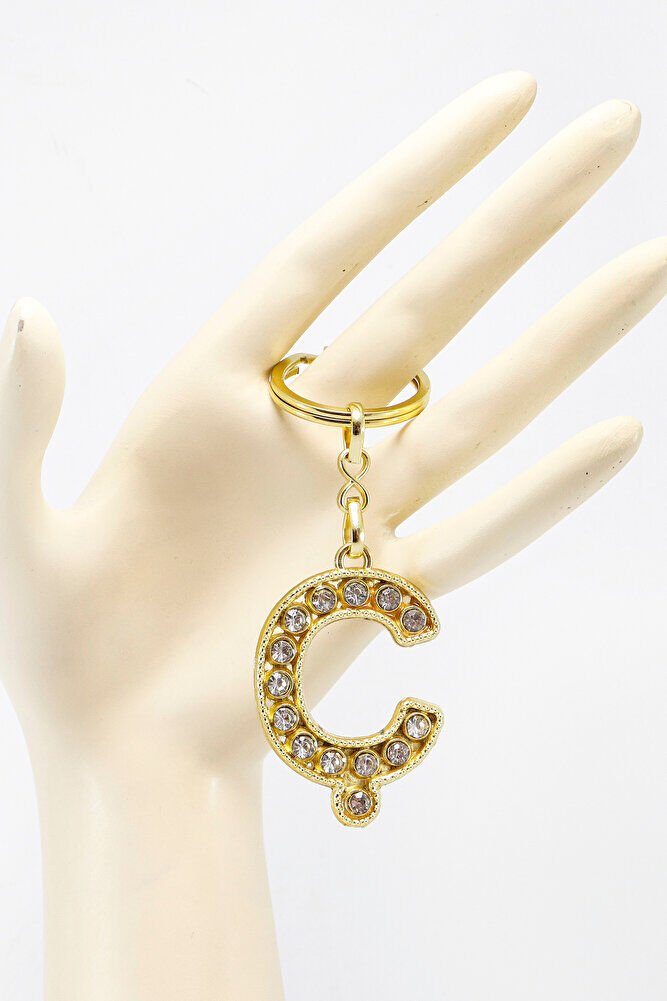 Gold Color Shiny Stone Letter C Keychain, Gift Letter Keychain