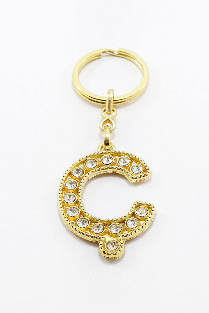 Gold Color Shiny Stone Letter C Keychain, Gift Letter Keychain