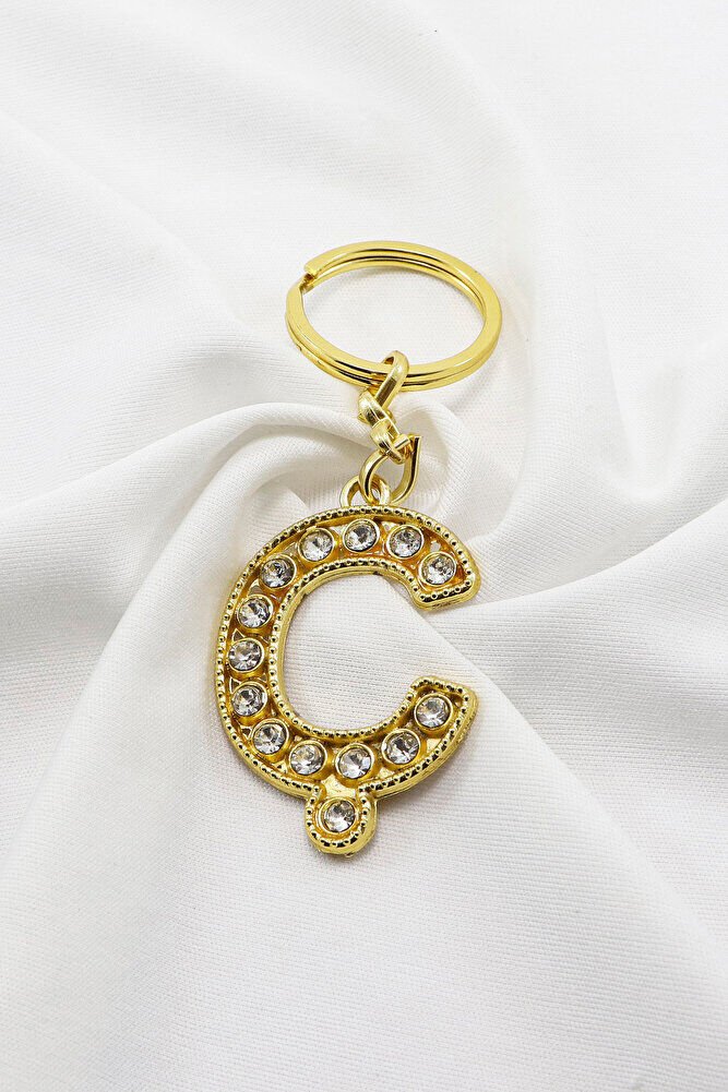 Gold Color Shiny Stone Letter C Keychain, Gift Letter Keychain