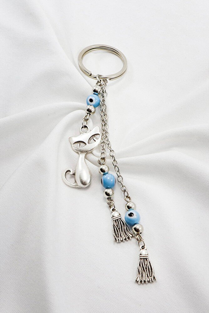 Silver Color Tasseled Blue Evil Eye Beaded Cat Keychain, Pendant Keychain
