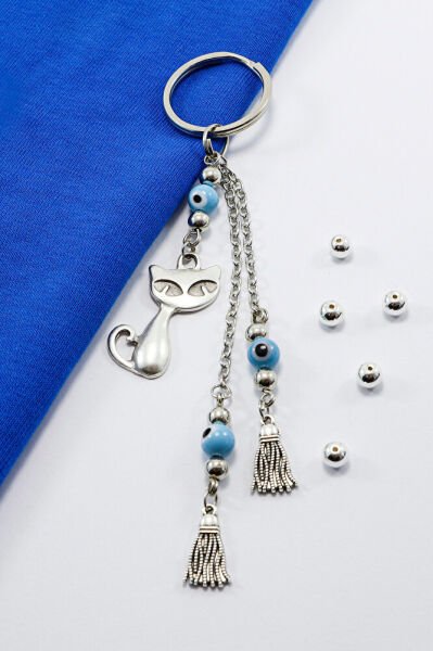 Silver Color Tasseled Blue Evil Eye Beaded Cat Keychain, Pendant Keychain