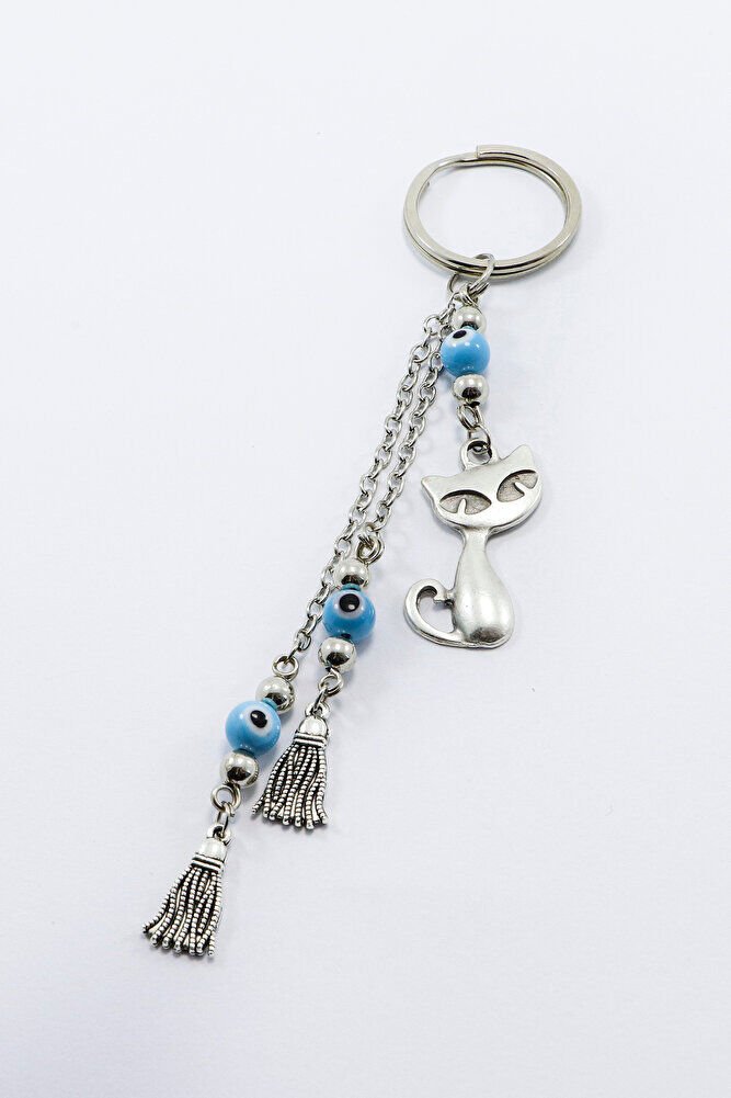 Silver Color Tasseled Blue Evil Eye Beaded Cat Keychain, Pendant Keychain