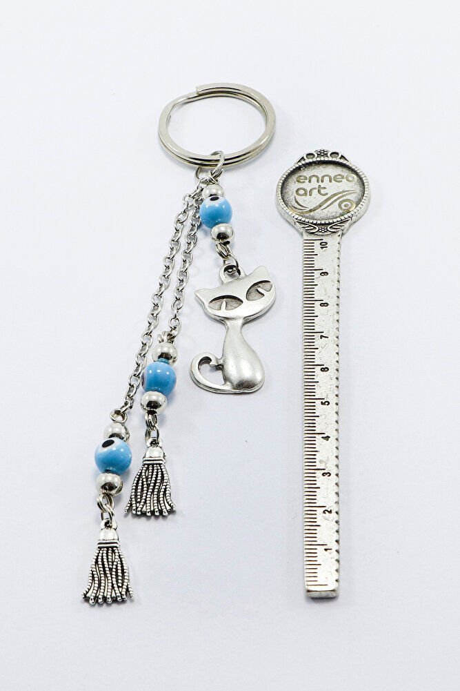 Silver Color Tasseled Blue Evil Eye Beaded Cat Keychain, Pendant Keychain